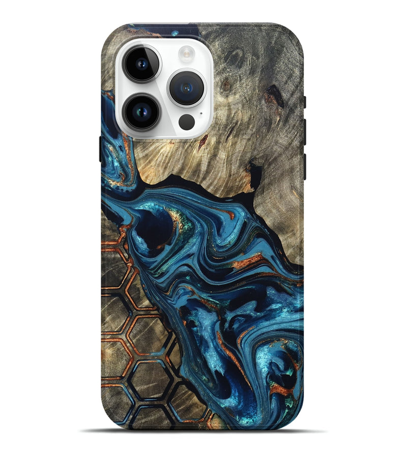 iPhone 15 Pro Max Wood Live Edge Phone Case - Kala (Teal & Gold, 820729)