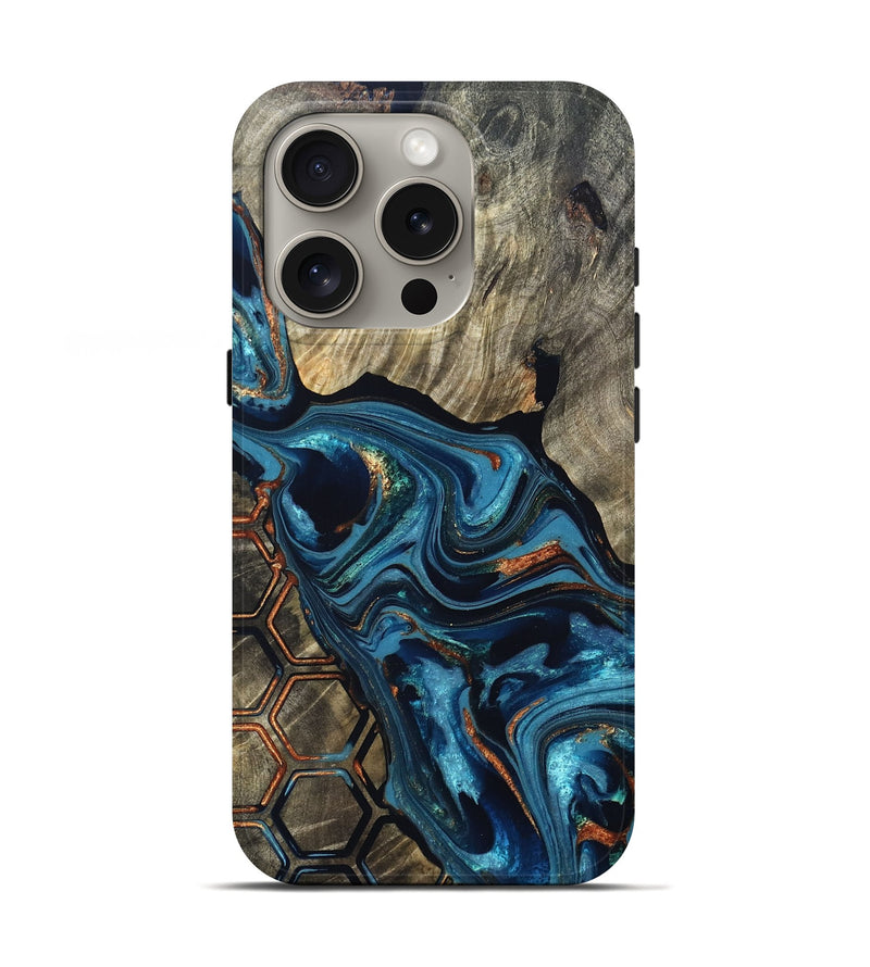 iPhone 16 Pro Wood Live Edge Phone Case - Kala (Teal & Gold, 820729)