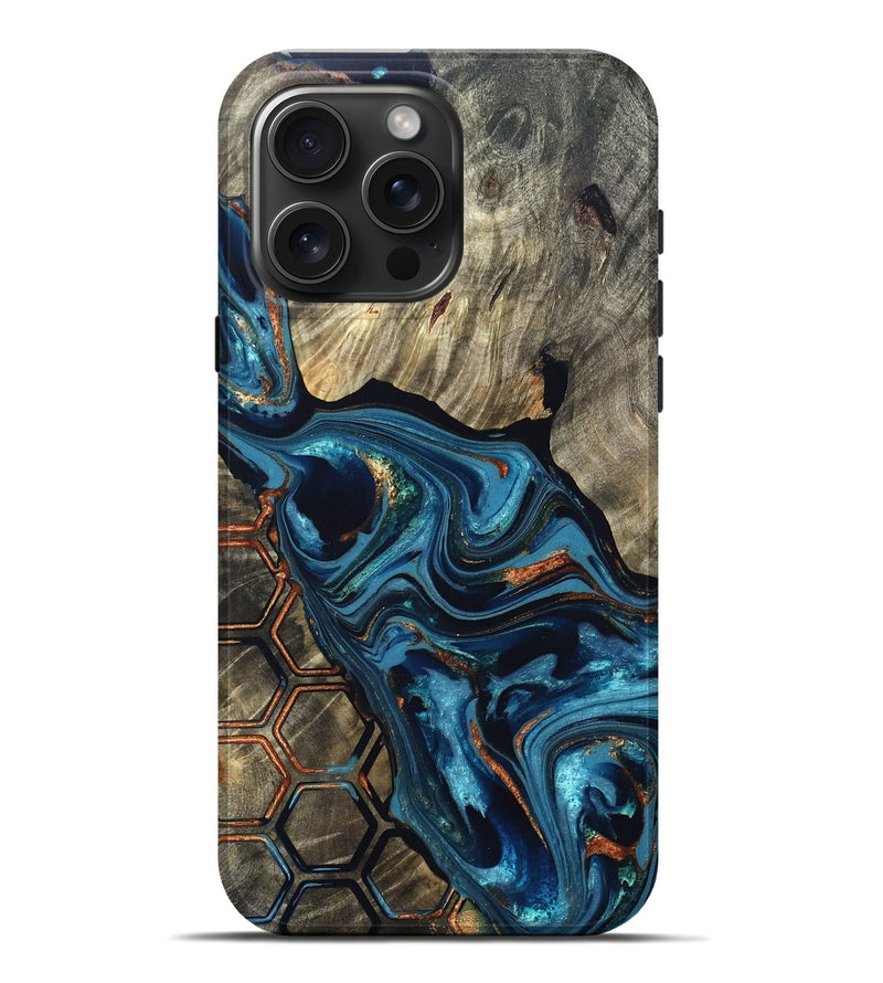 iPhone 16 Pro Max Wood Live Edge Phone Case - Kala (Teal & Gold, 820729)
