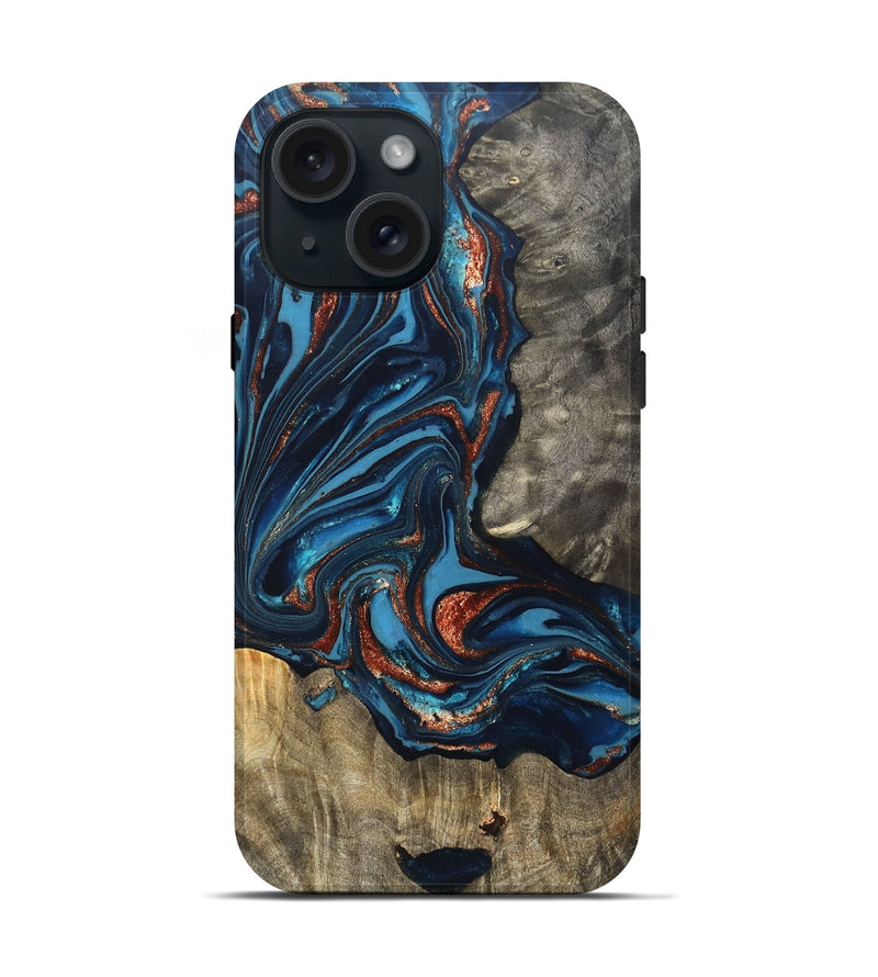 iPhone 15 Wood Live Edge Phone Case - Todd (Teal & Gold, 820731)