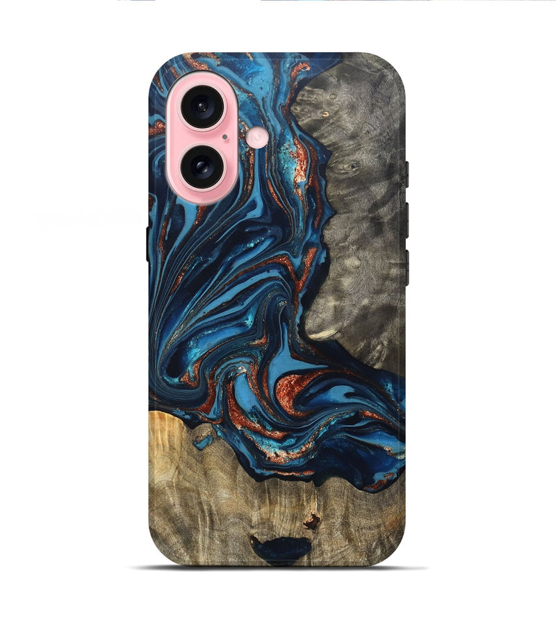 iPhone 16 Wood Live Edge Phone Case - Todd (Teal & Gold, 820731)