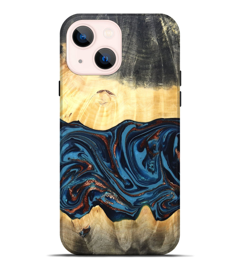 iPhone 14 Plus Wood Live Edge Phone Case - Pauline (Teal & Gold, 820732)