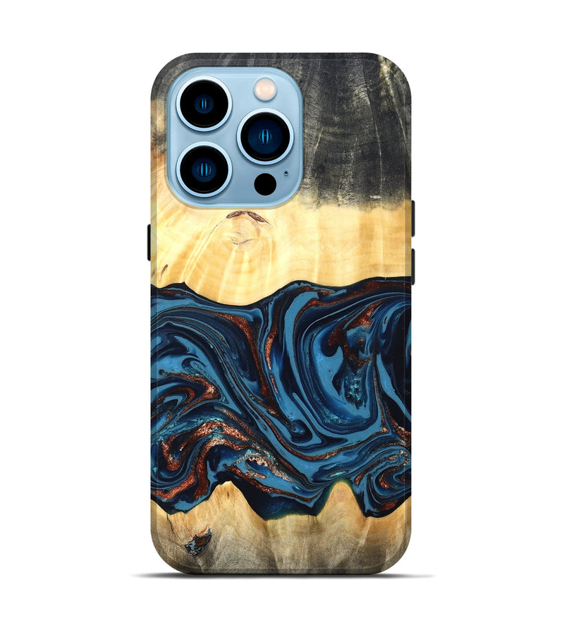 iPhone 14 Pro Wood Live Edge Phone Case - Pauline (Teal & Gold, 820732)