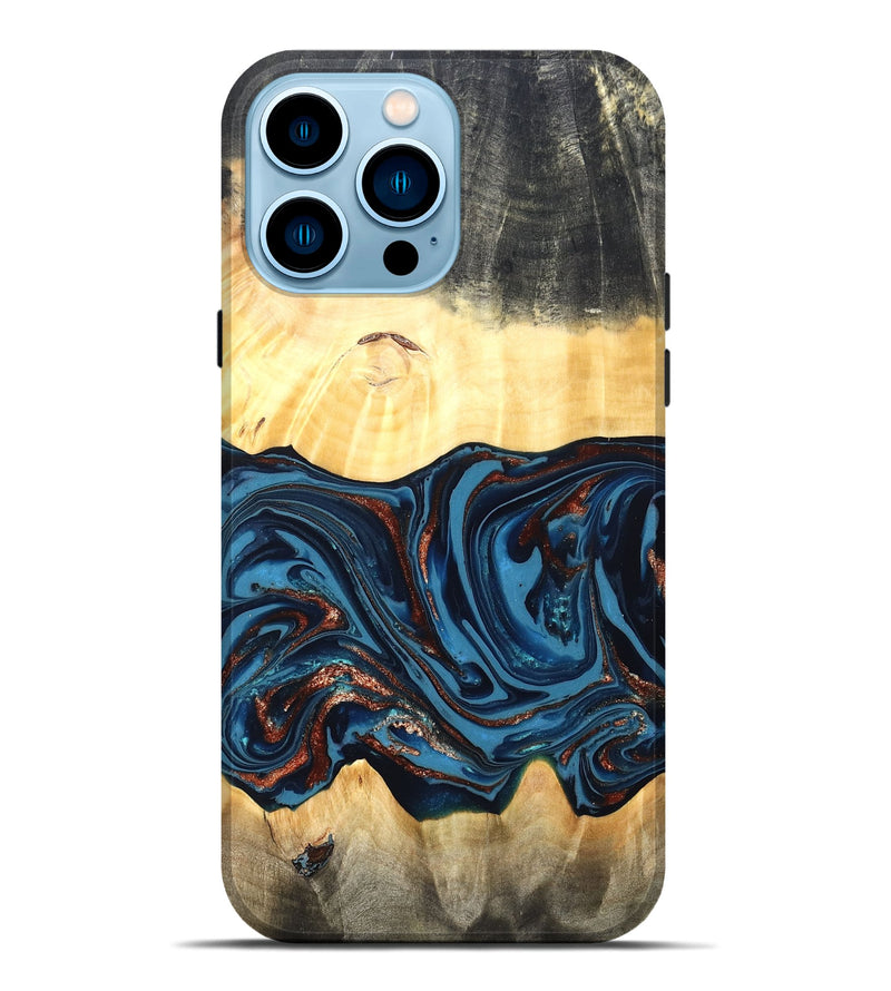 iPhone 14 Pro Max Wood Live Edge Phone Case - Pauline (Teal & Gold, 820732)