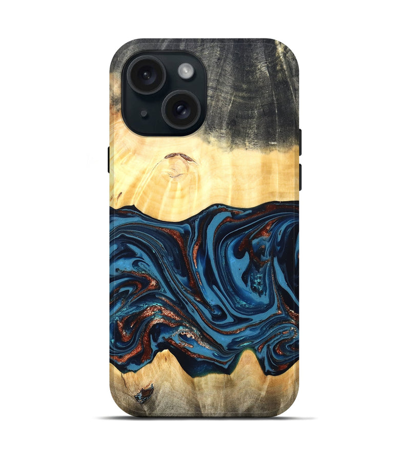 iPhone 15 Wood Live Edge Phone Case - Pauline (Teal & Gold, 820732)