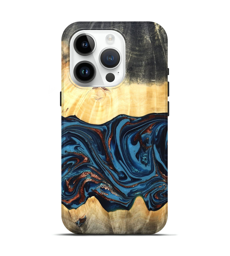 iPhone 15 Pro Wood Live Edge Phone Case - Pauline (Teal & Gold, 820732)