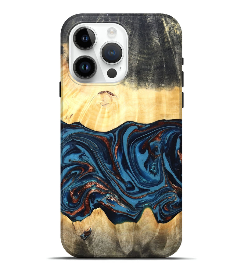 iPhone 15 Pro Max Wood Live Edge Phone Case - Pauline (Teal & Gold, 820732)