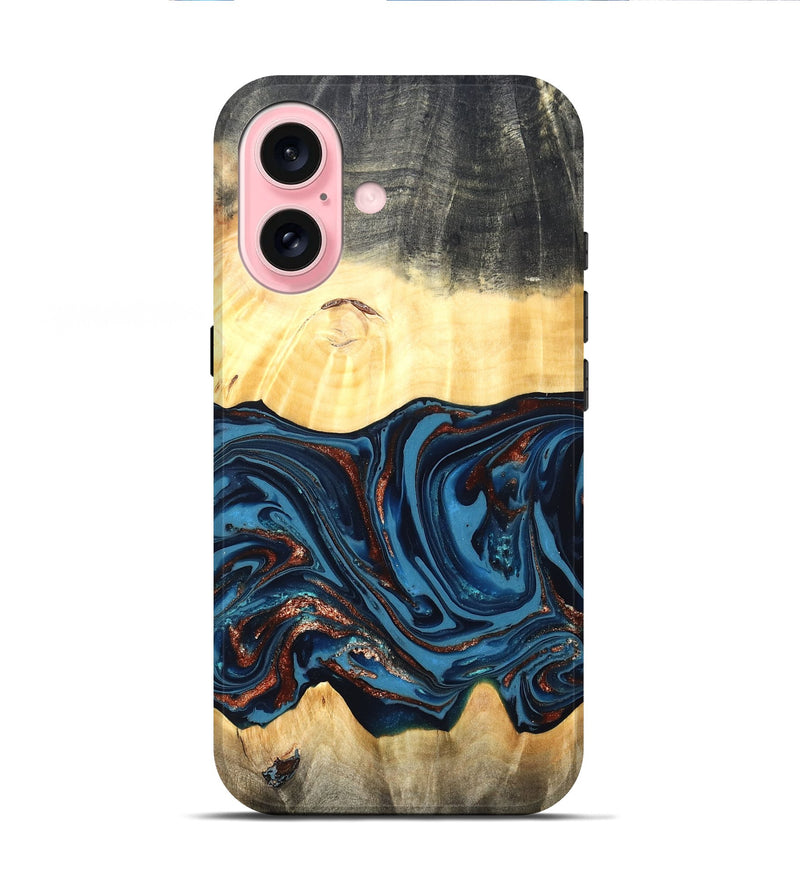 iPhone 16 Wood Live Edge Phone Case - Pauline (Teal & Gold, 820732)