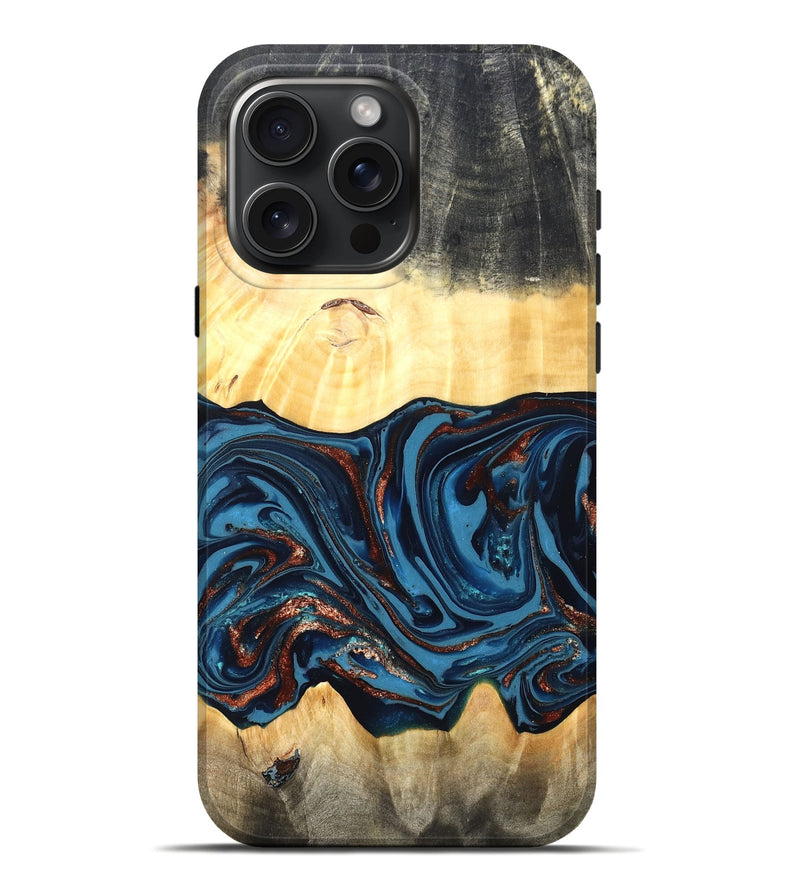 iPhone 16 Pro Max Wood Live Edge Phone Case - Pauline (Teal & Gold, 820732)