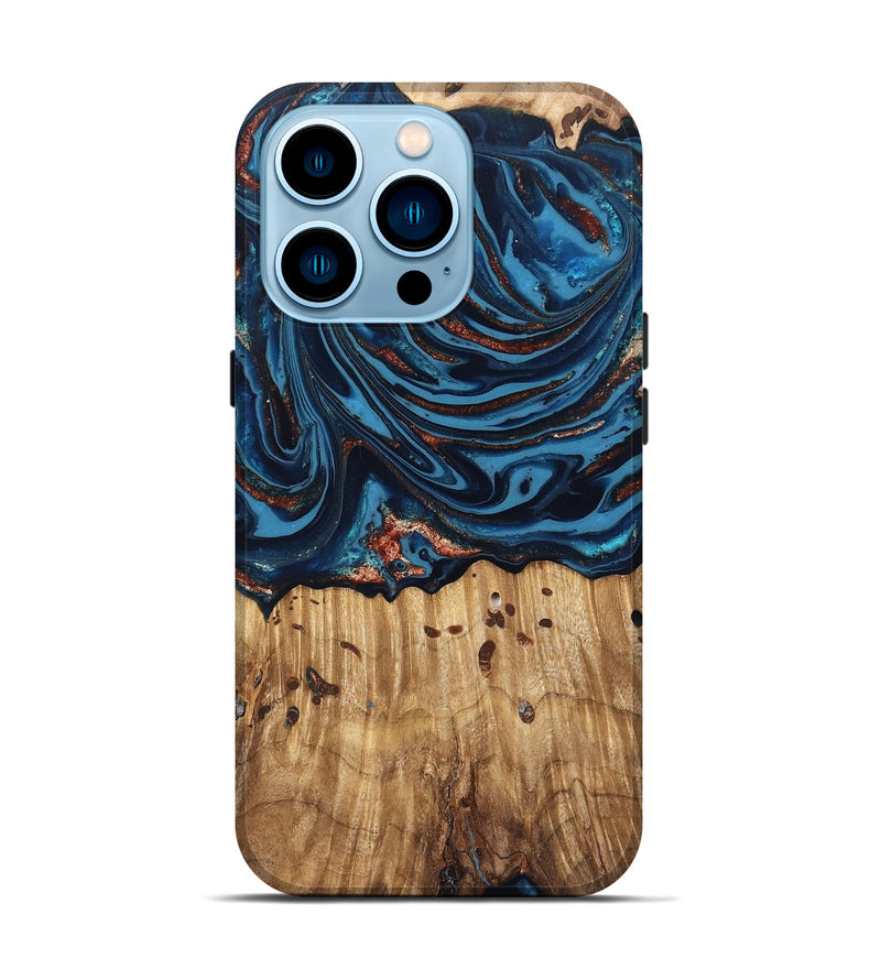 iPhone 14 Pro Wood Live Edge Phone Case - Ayleen (Teal & Gold, 820735)