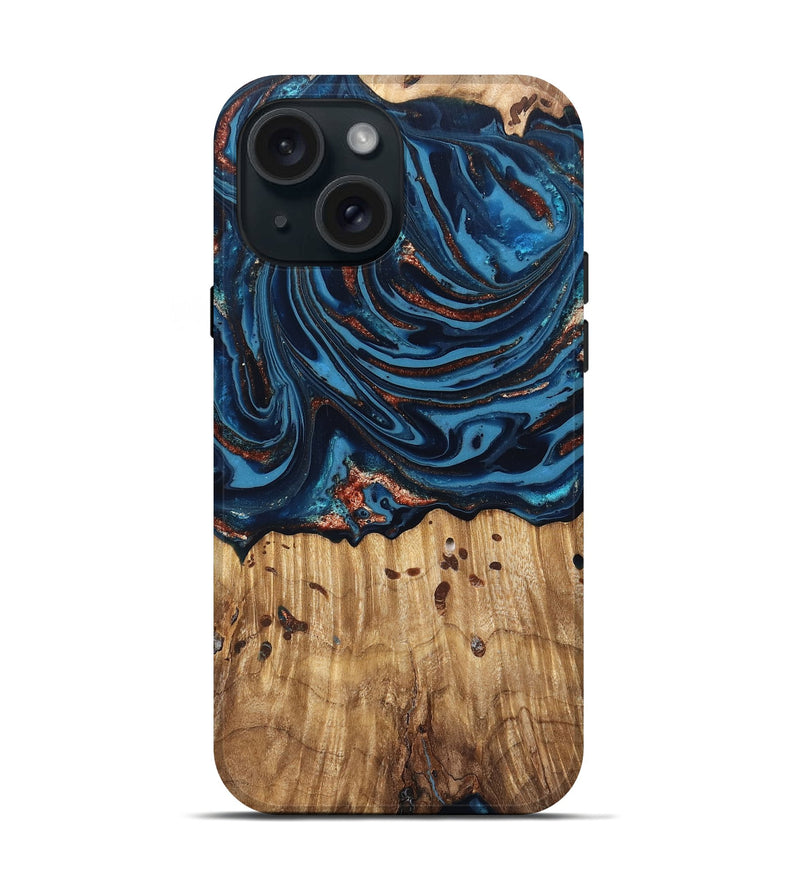 iPhone 15 Wood Live Edge Phone Case - Ayleen (Teal & Gold, 820735)