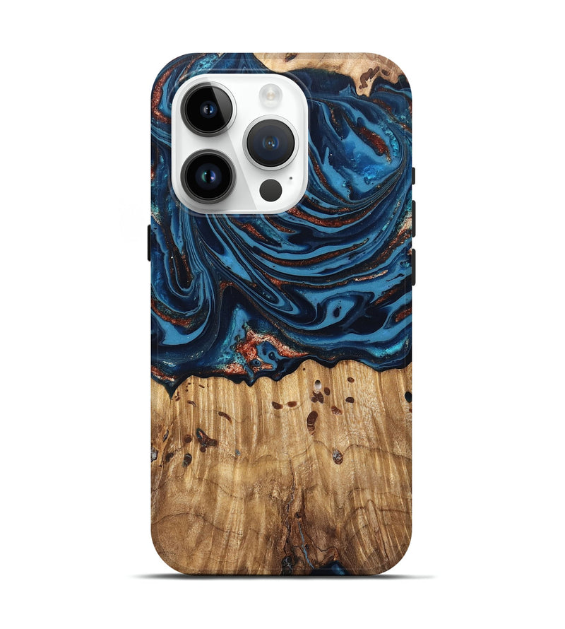 iPhone 15 Pro Wood Live Edge Phone Case - Ayleen (Teal & Gold, 820735)