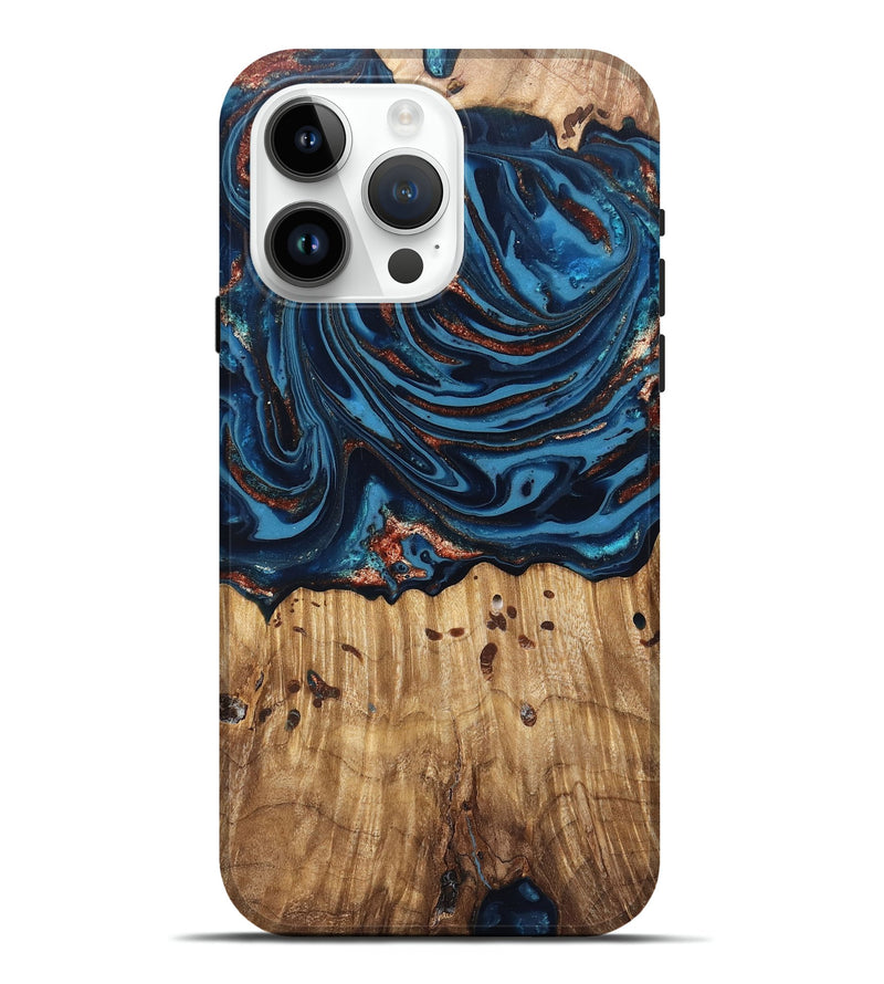 iPhone 15 Pro Max Wood Live Edge Phone Case - Ayleen (Teal & Gold, 820735)
