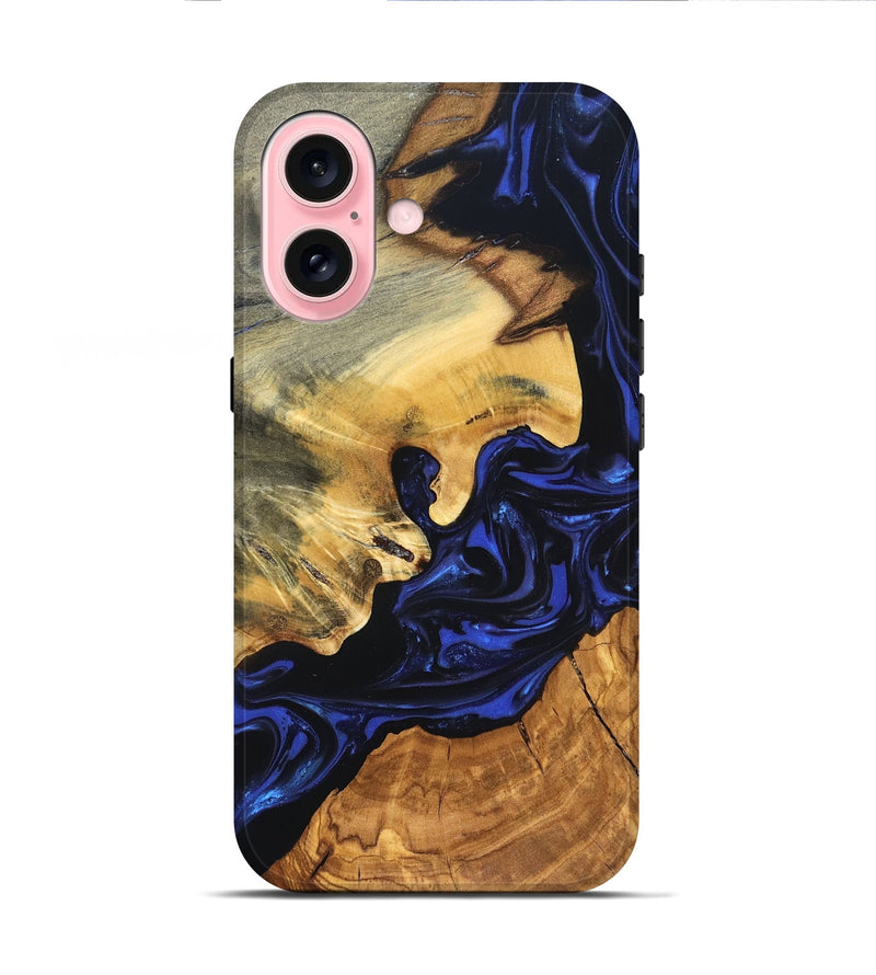 iPhone 16 Wood Live Edge Phone Case - Ayah (Blue, 820811)
