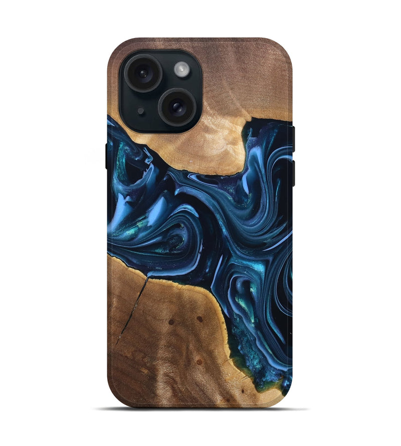 iPhone 15 Wood Live Edge Phone Case - Breana (Blue, 820816)
