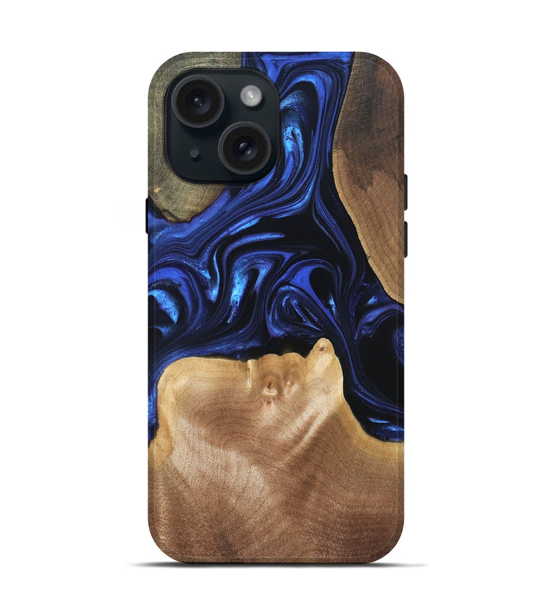 iPhone 15 Wood Live Edge Phone Case - Vonda (Blue, 820820)