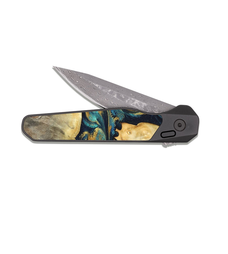 EDC Dark Damascus Wood Pocket Knife - Rhoda (Teal & Gold, 820842)