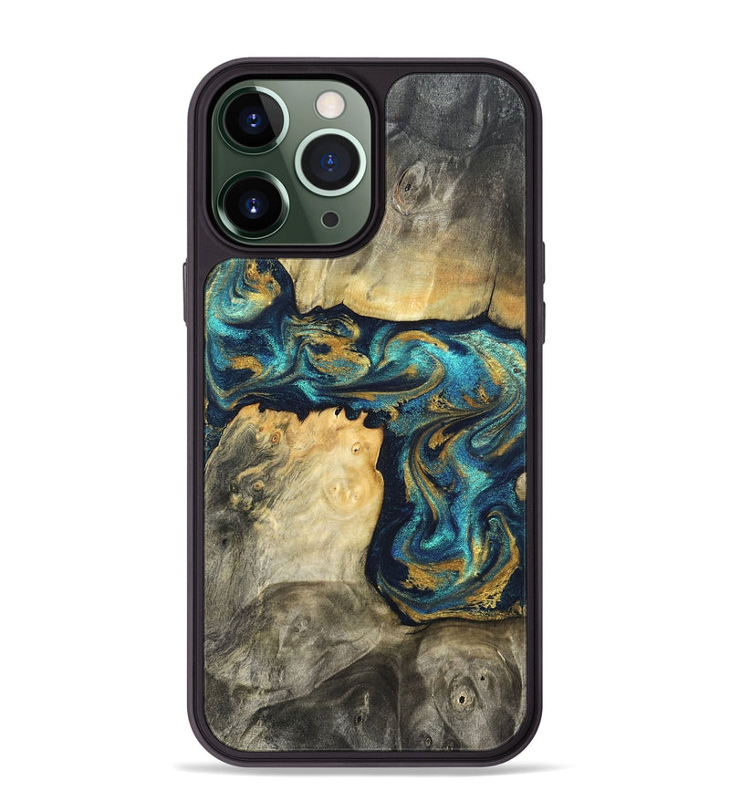 iPhone 13 Pro Max Wood Phone Case - Rhoda (Teal & Gold, 820842)