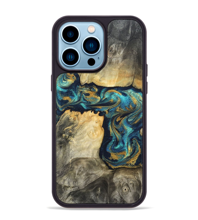 iPhone 14 Pro Max Wood Phone Case - Rhoda (Teal & Gold, 820842)