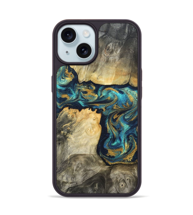 iPhone 15 Wood Phone Case - Rhoda (Teal & Gold, 820842)