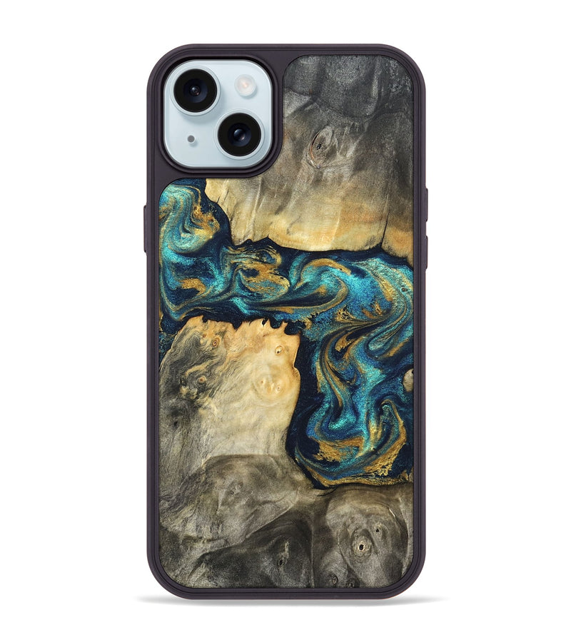 iPhone 15 Plus Wood Phone Case - Rhoda (Teal & Gold, 820842)