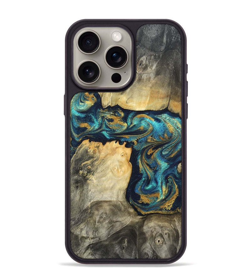 iPhone 15 Pro Max Wood Phone Case - Rhoda (Teal & Gold, 820842)