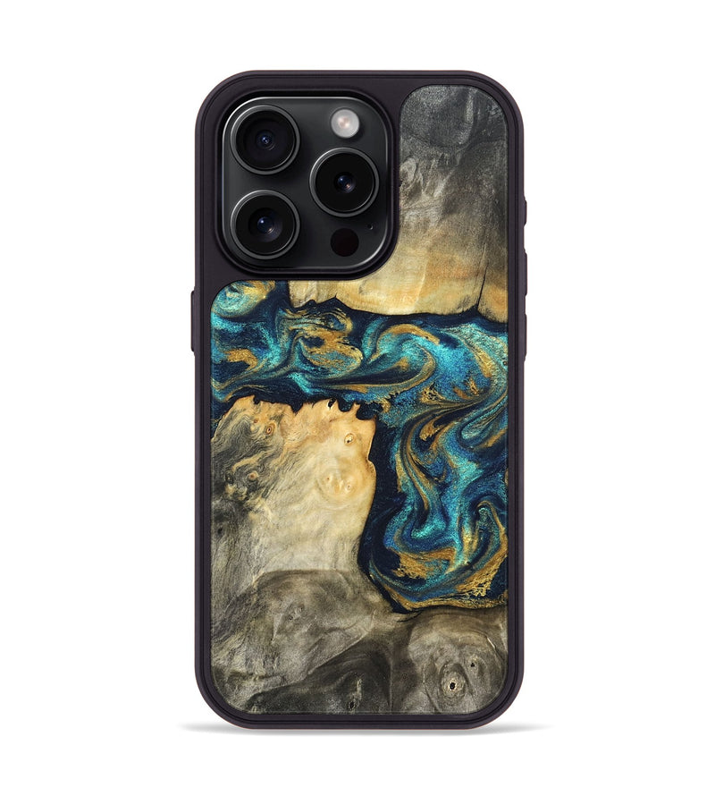 iPhone 15 Pro Wood Phone Case - Rhoda (Teal & Gold, 820842)
