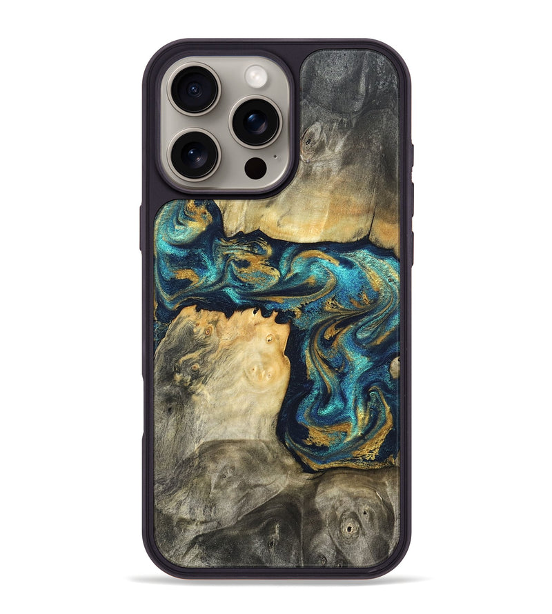 iPhone 16 Pro Max Wood Phone Case - Rhoda (Teal & Gold, 820842)