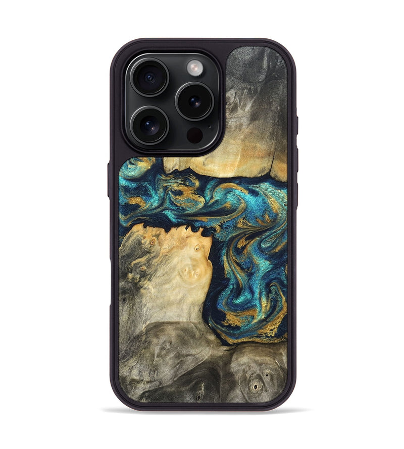 iPhone 16 Pro Wood Phone Case - Rhoda (Teal & Gold, 820842)