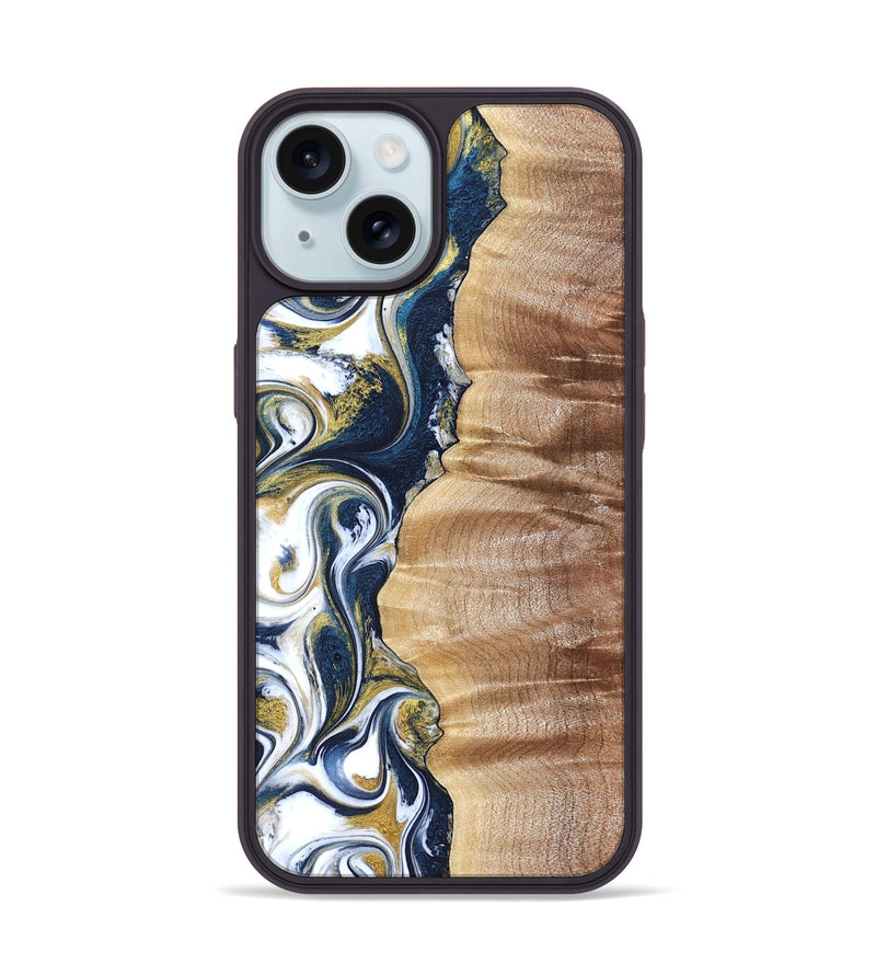 iPhone 15 Wood Phone Case - Yasmin (Teal & Gold, 821006)