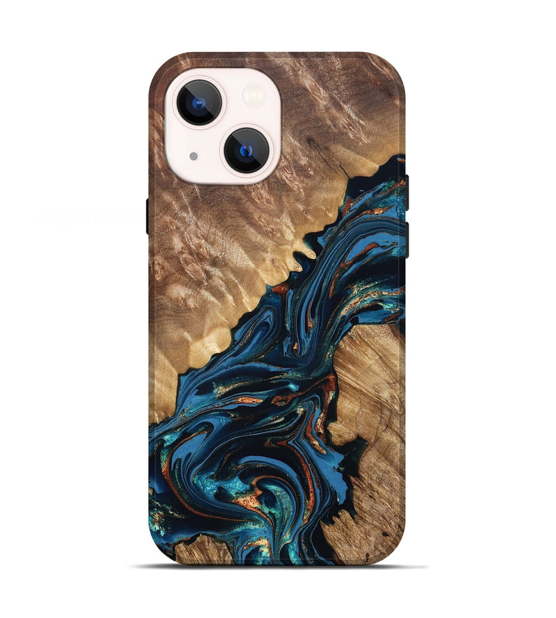iPhone 13 Wood Live Edge Phone Case - Denny (Teal & Gold, 821027)