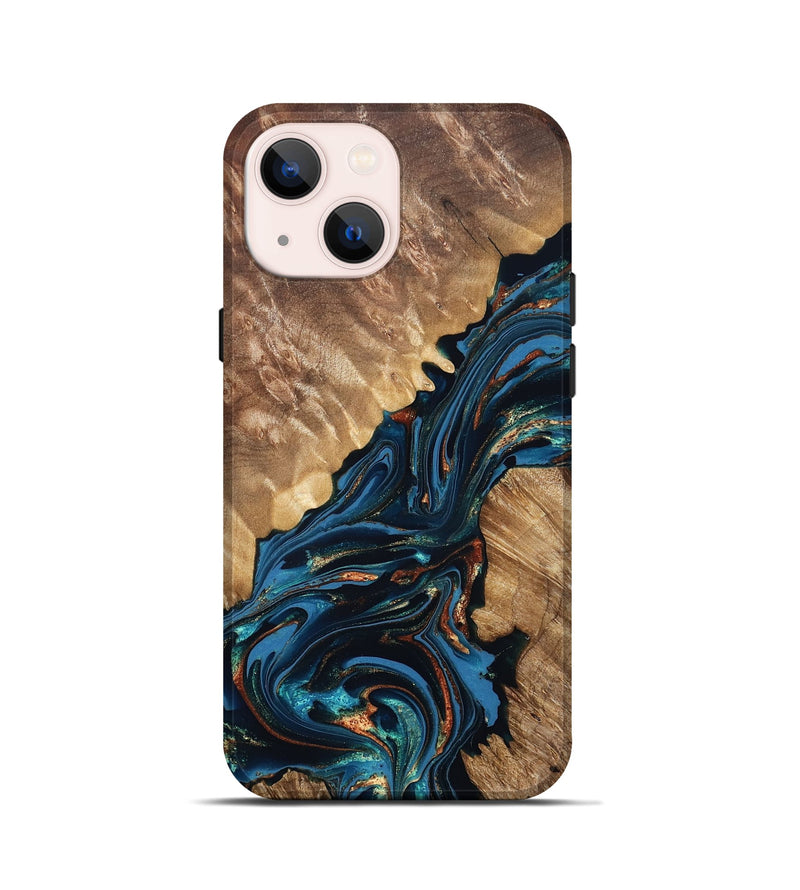 iPhone 13 mini Wood Live Edge Phone Case - Denny (Teal & Gold, 821027)