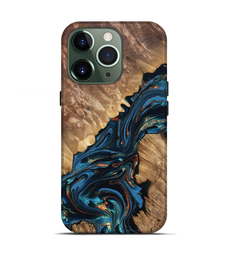 iPhone 13 Pro Wood Live Edge Phone Case - Denny (Teal & Gold, 821027)