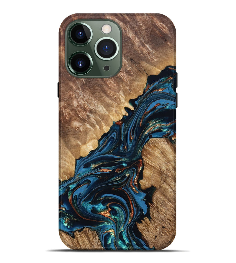 iPhone 13 Pro Max Wood Live Edge Phone Case - Denny (Teal & Gold, 821027)
