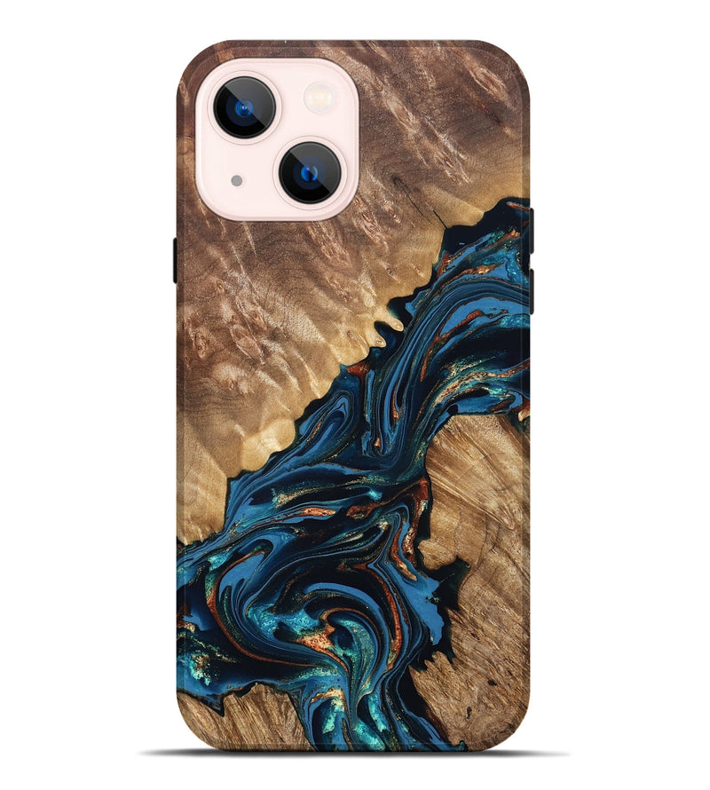 iPhone 14 Plus Wood Live Edge Phone Case - Denny (Teal & Gold, 821027)