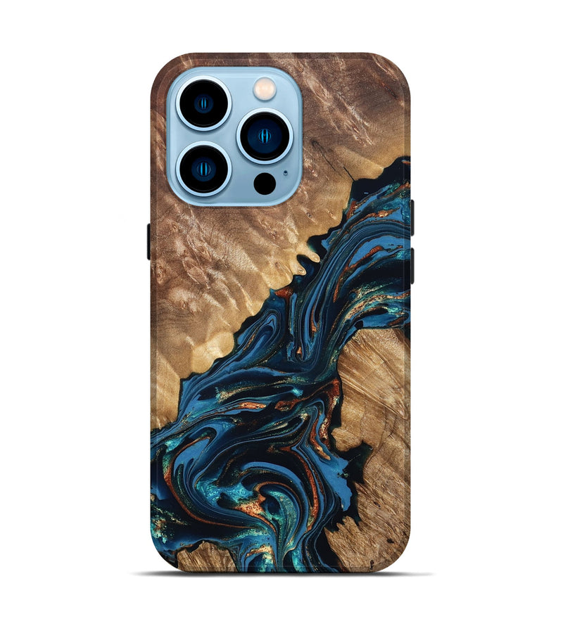 iPhone 14 Pro Wood Live Edge Phone Case - Denny (Teal & Gold, 821027)