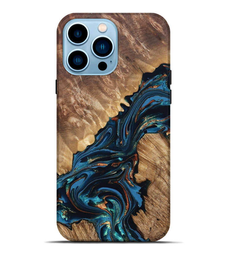 iPhone 14 Pro Max Wood Live Edge Phone Case - Denny (Teal & Gold, 821027)