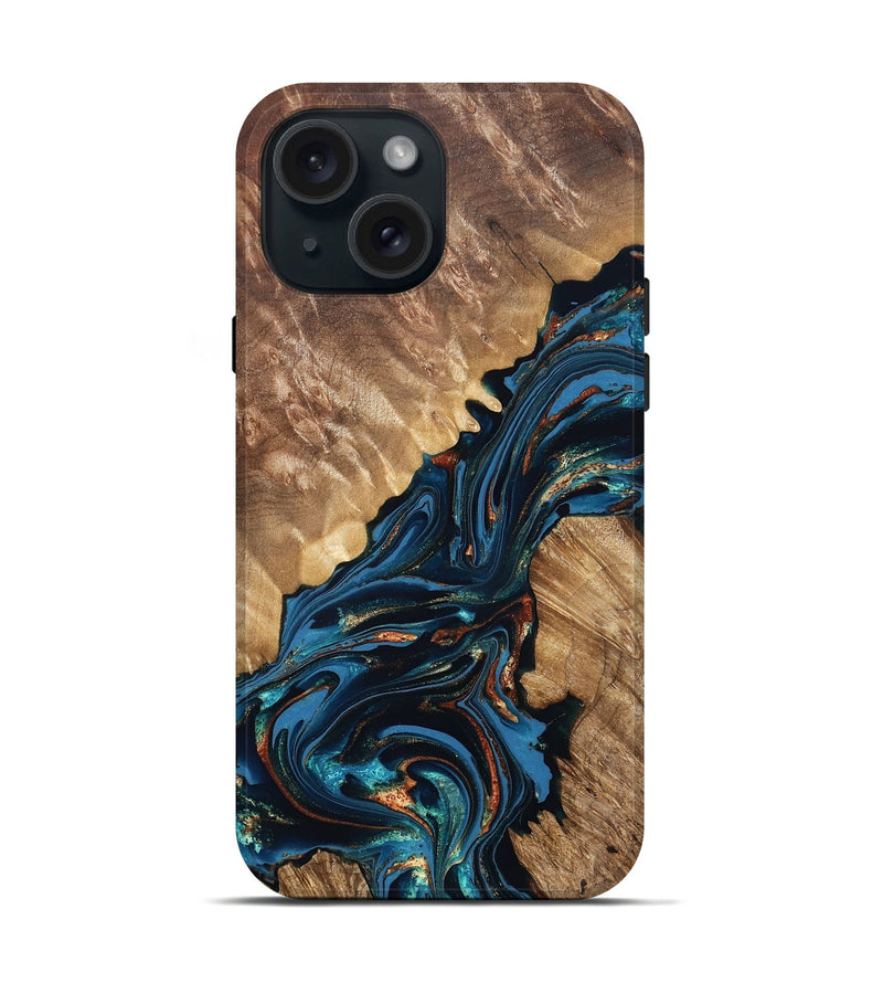 iPhone 15 Wood Live Edge Phone Case - Denny (Teal & Gold, 821027)