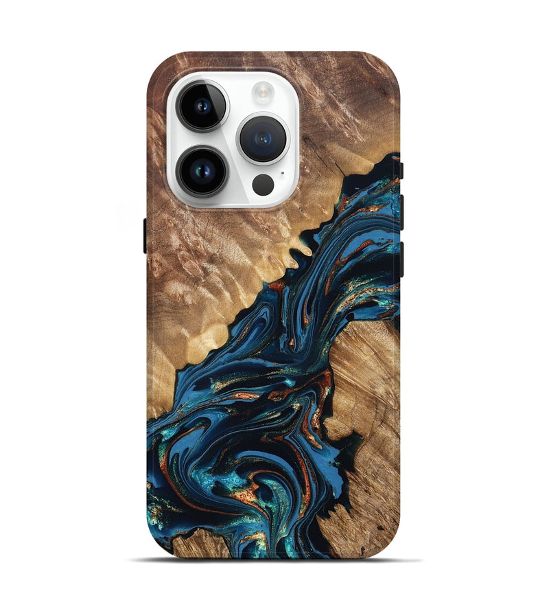 iPhone 15 Pro Wood Live Edge Phone Case - Denny (Teal & Gold, 821027)