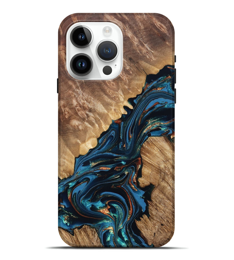 iPhone 15 Pro Max Wood Live Edge Phone Case - Denny (Teal & Gold, 821027)