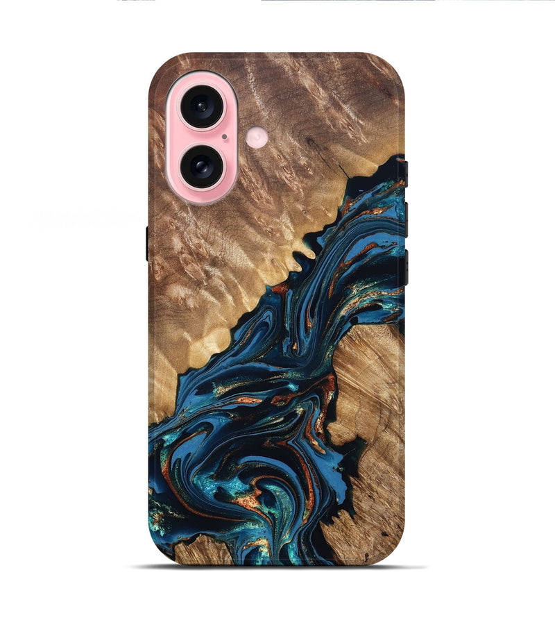 iPhone 16 Wood Live Edge Phone Case - Denny (Teal & Gold, 821027)