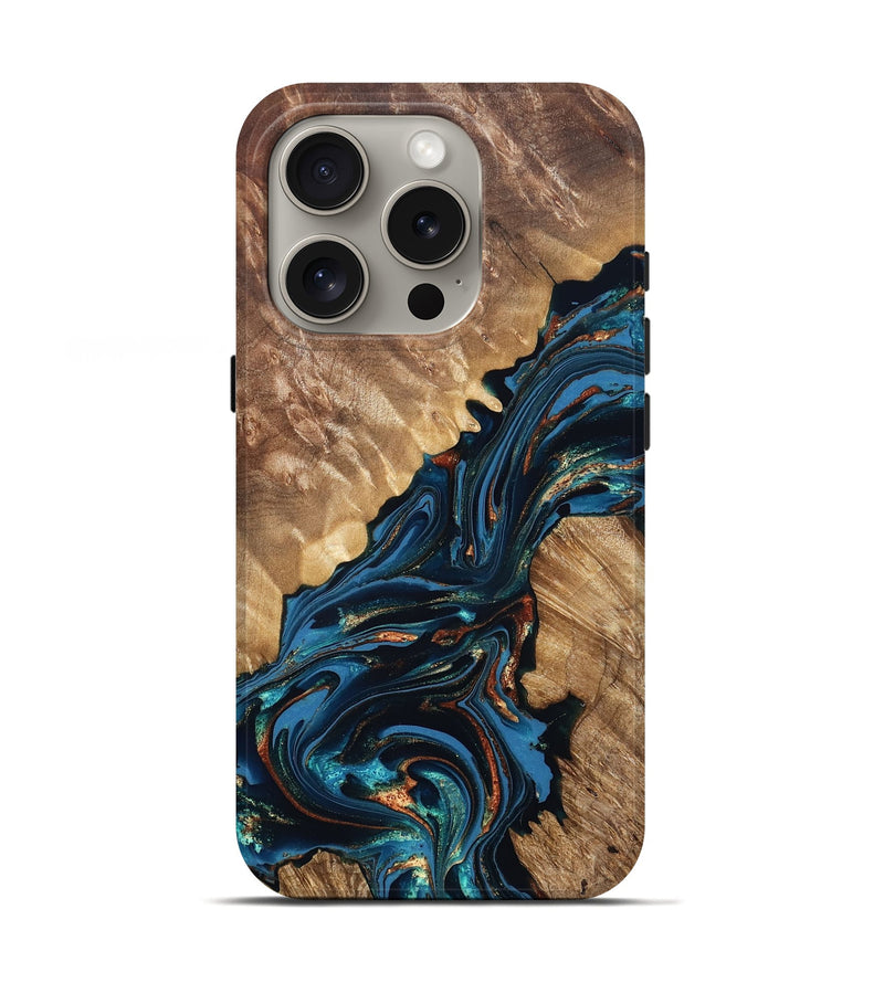 iPhone 16 Pro Wood Live Edge Phone Case - Denny (Teal & Gold, 821027)