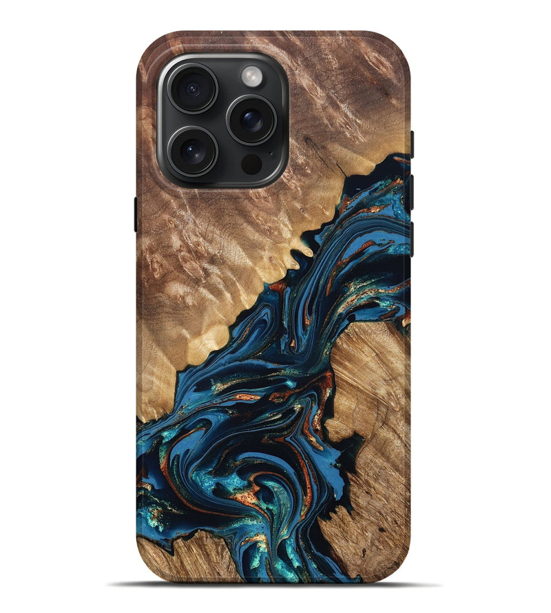 iPhone 16 Pro Max Wood Live Edge Phone Case - Denny (Teal & Gold, 821027)