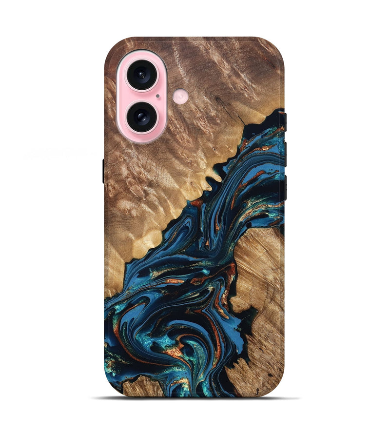 iPhone 17 Wood Live Edge Phone Case - Denny (Teal & Gold, 821027)
