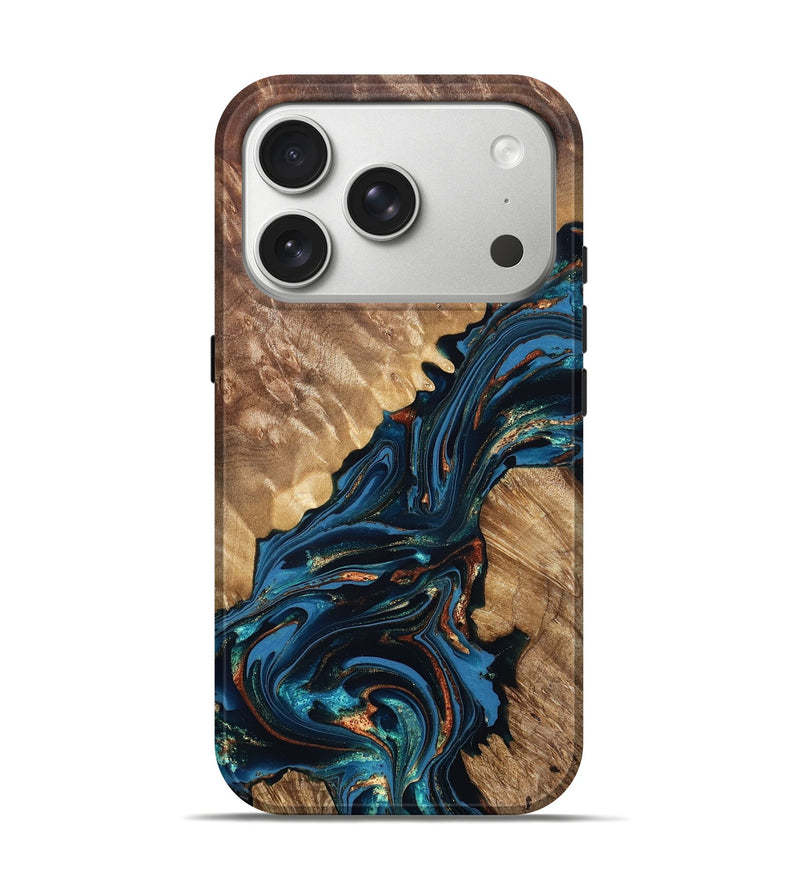 iPhone 17 Pro Wood Live Edge Phone Case - Denny (Teal & Gold, 821027)