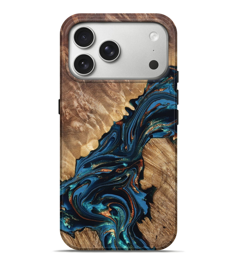 iPhone 17 Pro Max Wood Live Edge Phone Case - Denny (Teal & Gold, 821027)