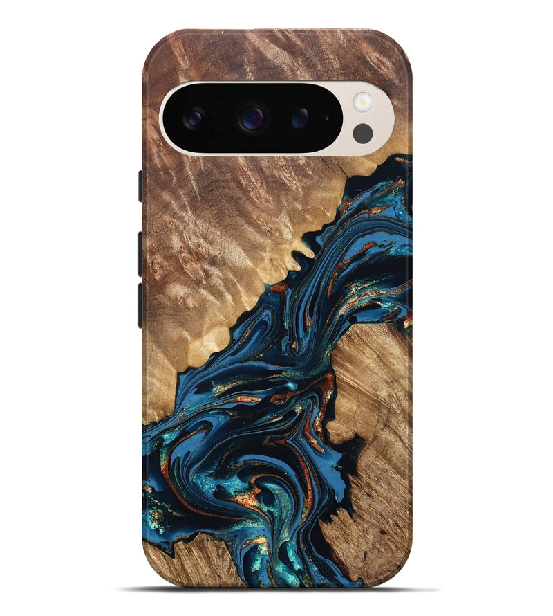 Pixel 9 Pro XL Wood Live Edge Phone Case - Denny (Teal & Gold, 821027)
