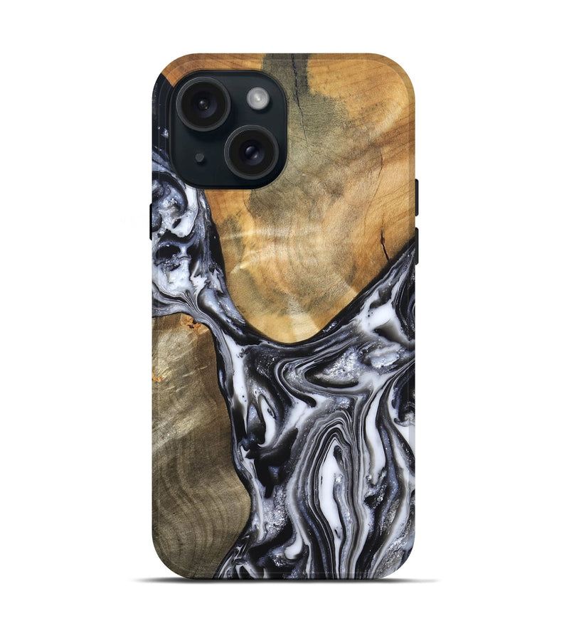 iPhone 15 Wood Live Edge Phone Case - Carol (Black & White, 821031)