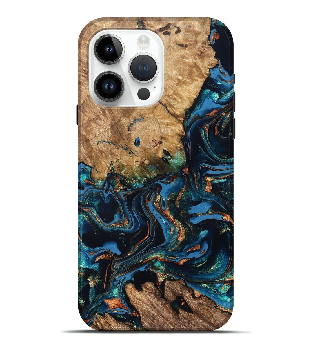 iPhone 15 Pro Max Wood Live Edge Phone Case - Lucinda (Teal & Gold, 821032)