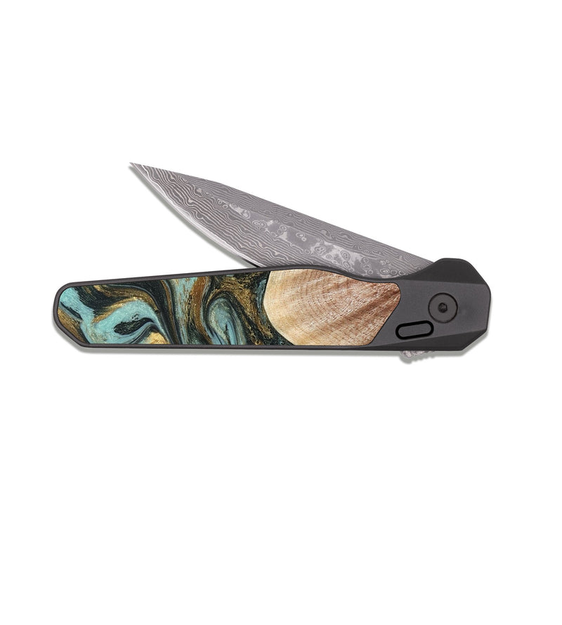 EDC Dark Damascus Wood Pocket Knife - Briley (Teal & Gold, 821187)